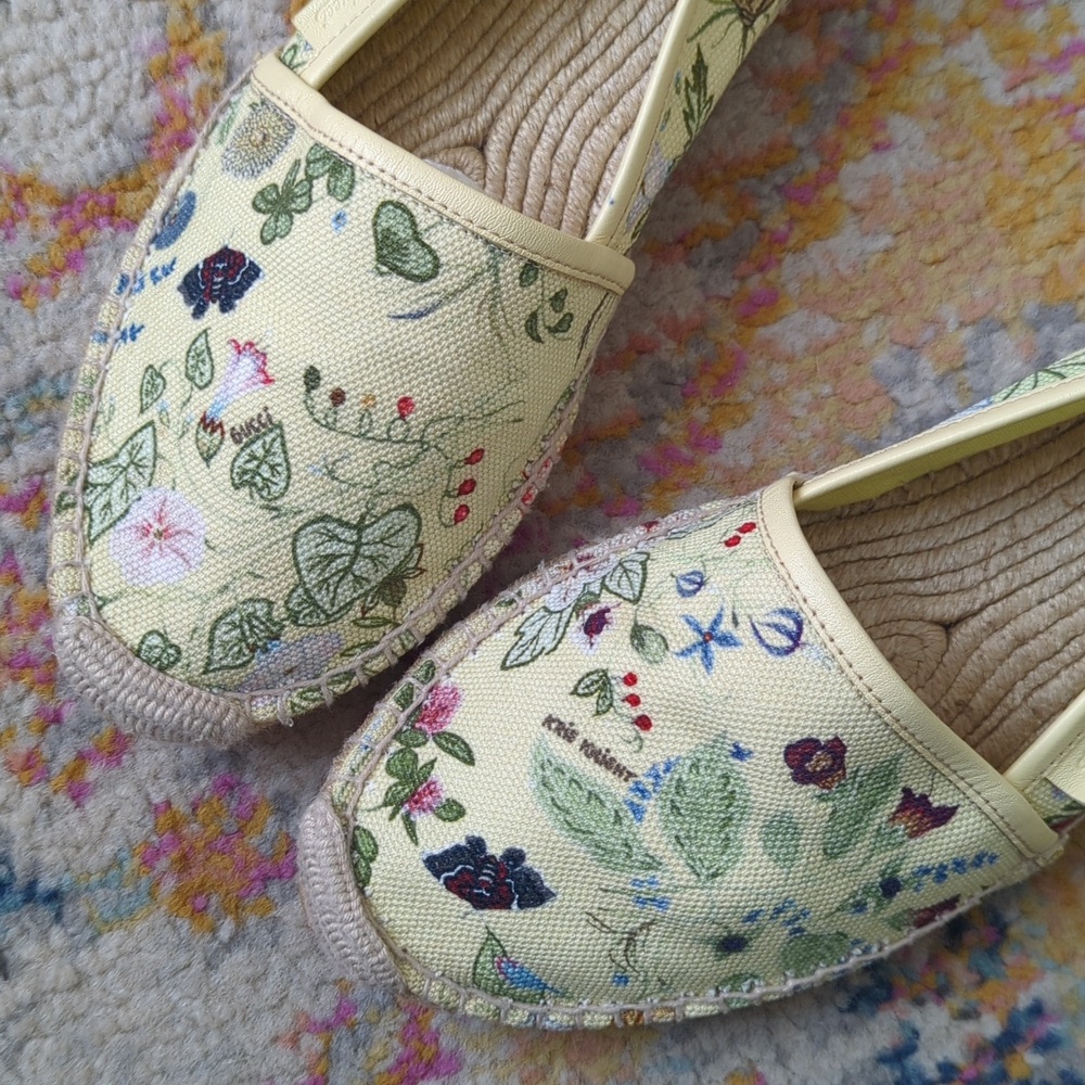 Gucci x Kris Knight Flora Knight Floral Canvas Espadrille Flats Citrus Yellow 38 - Picture 3 of 16